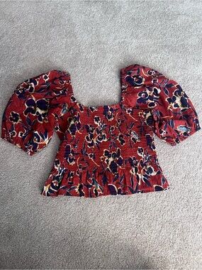 bp Rust Red Floral Smocked Puff-Sleeve Top